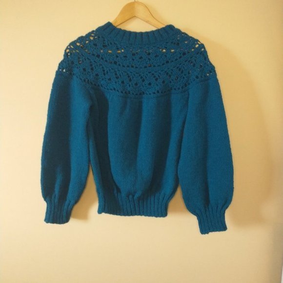 Handmade teal balloon sleeve chunky knit cozy sweater size small - Picture 4 of 4